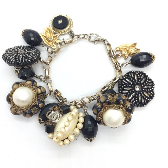 Vintage Jewelry - UPCYCLED VINTAGE BRACELET PEARLS RHINESTONE BLACK GOLD CHARMS BRACELET